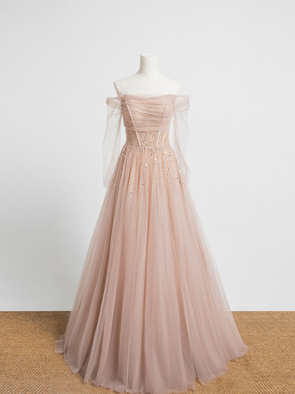 Champagne Pink Tulle Beads Long Prom Dress Champagne Evening Dress