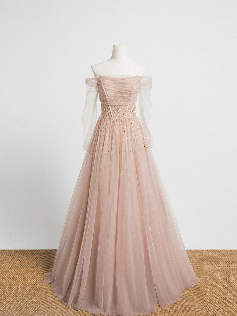 Champagne Pink Tulle Beads Long Prom Dress Champagne Evening Dress Champagne Pink Tulle Beads Long Prom Dress Champagne Evening Dress