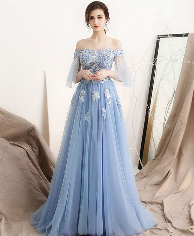 A-Line Blue Off Shoulder Tulle Long Prom Dress, Blue Evening Dress
