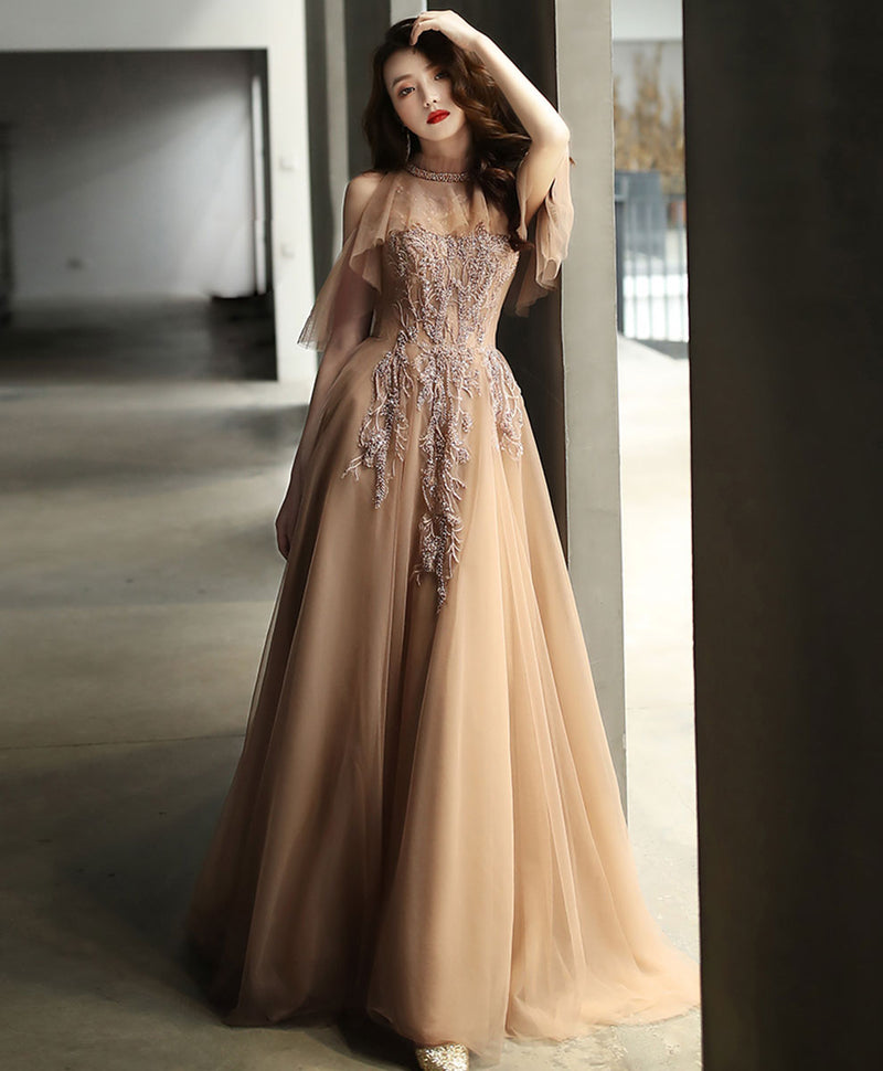 Champagne High Neck Tulle Lace Long Prom Dress Formal Dress shopluu Champagne High Neck Tulle Lace Long Prom Dress Formal Dress shopluu