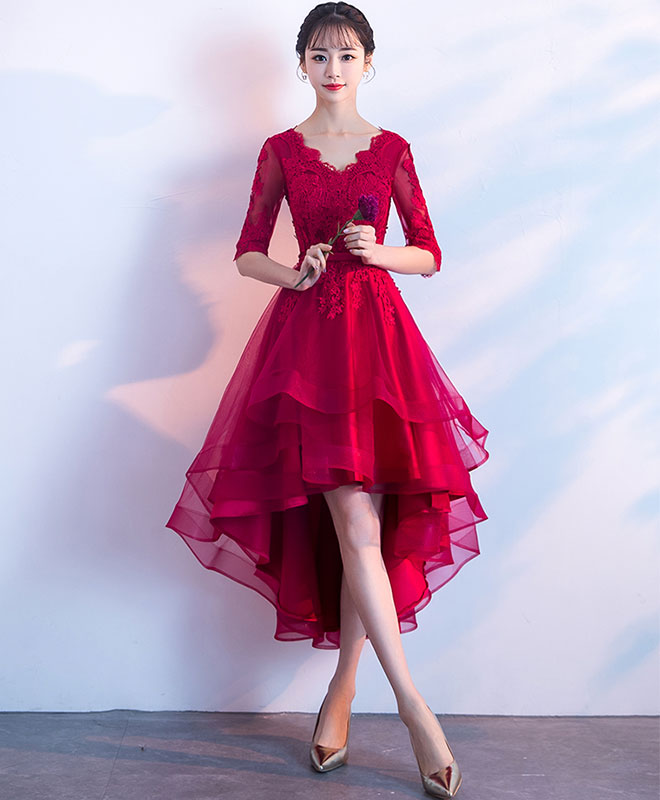 Burgundy V Neck Tulle Lace Short Prom Dress, Bridesmaid Dress US 6 / Burgundy Burgundy V Neck Tulle Lace Short Prom Dress, Bridesmaid Dress US 6 / Burgundy