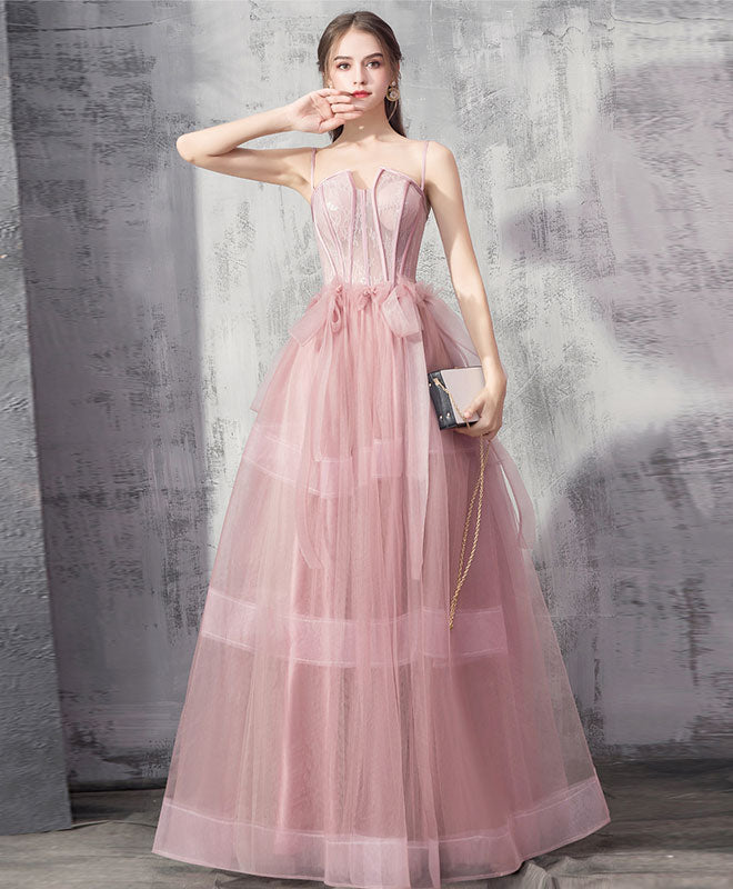 Pink Tulle Lace Long Prom Dress, Pink Evening Graduation Dress