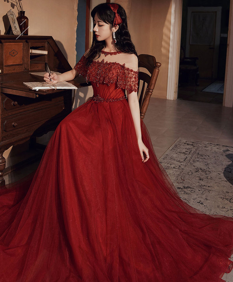 Burgundy Round Neck Beads Tulle Long Prom Dress, Burgundy Graduation Dresses US 2 / Burgundy