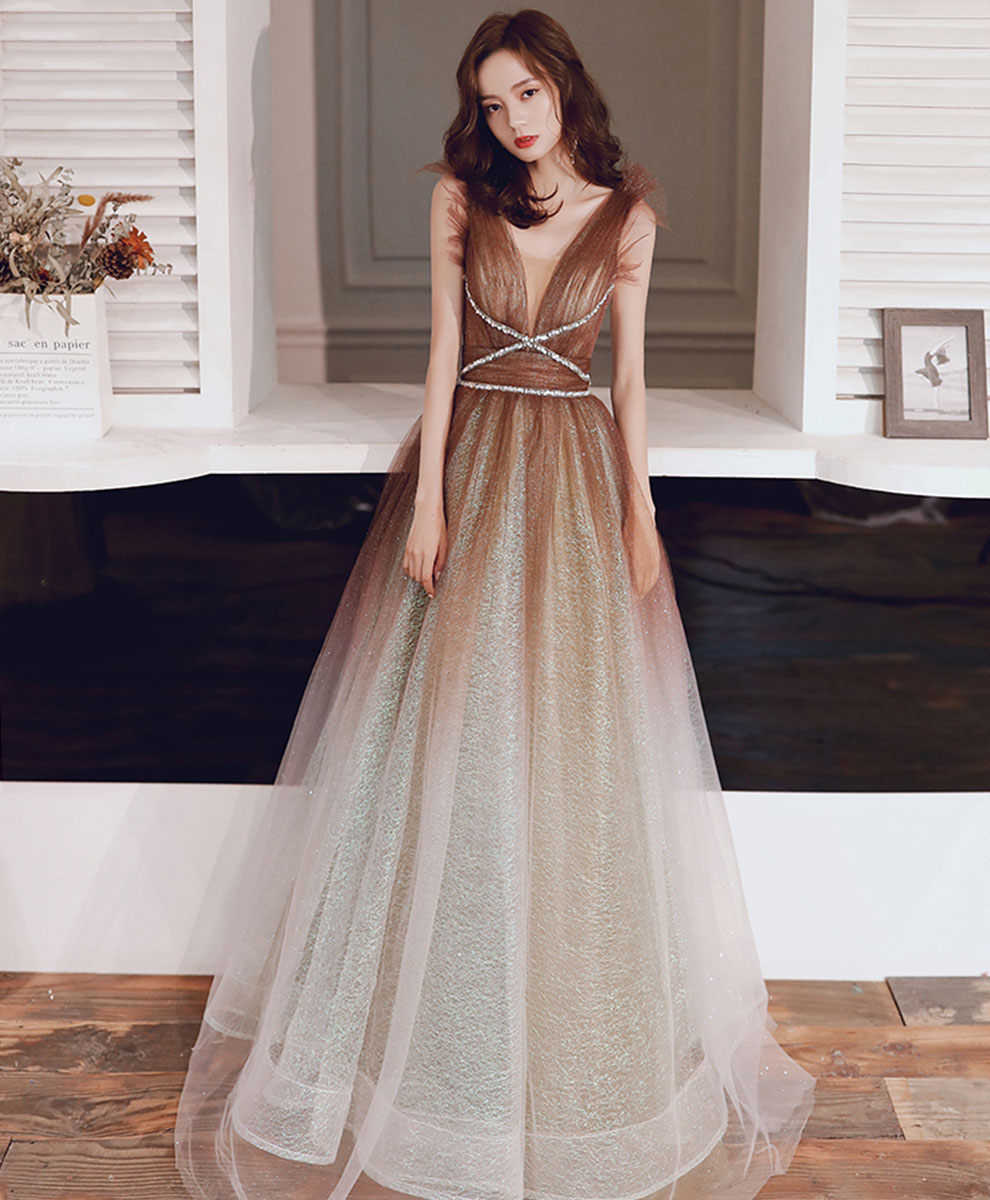 Cute A-Line Tulle Sequin Long Prom Dress Tulle Formal Dress