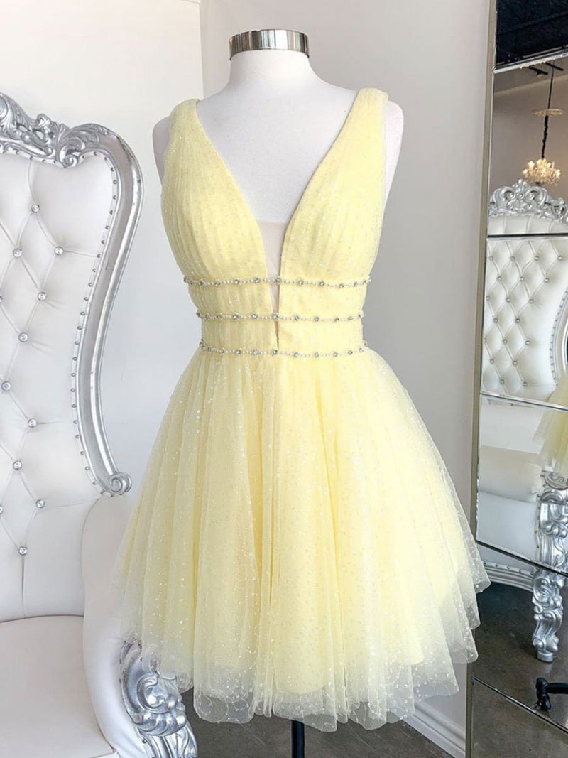 Cute Yellow V Neck Tulle Beads Short Prom Dress Yellow Homecoming Dres shopluu Cute Yellow V Neck Tulle Beads Short Prom Dress Yellow Homecoming Dres shopluu