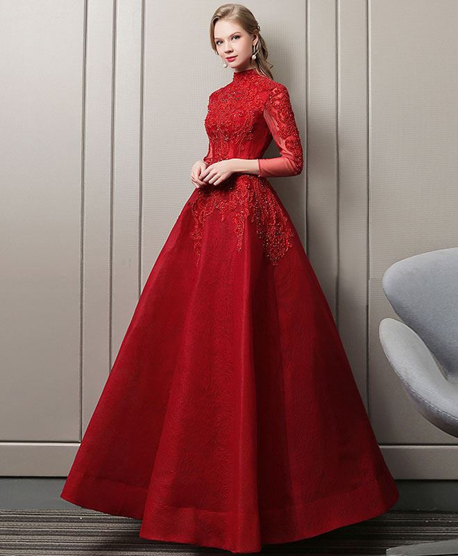 burgundy long sleeve prom dress Lace Dress, Burgundy Evening Picture Color
