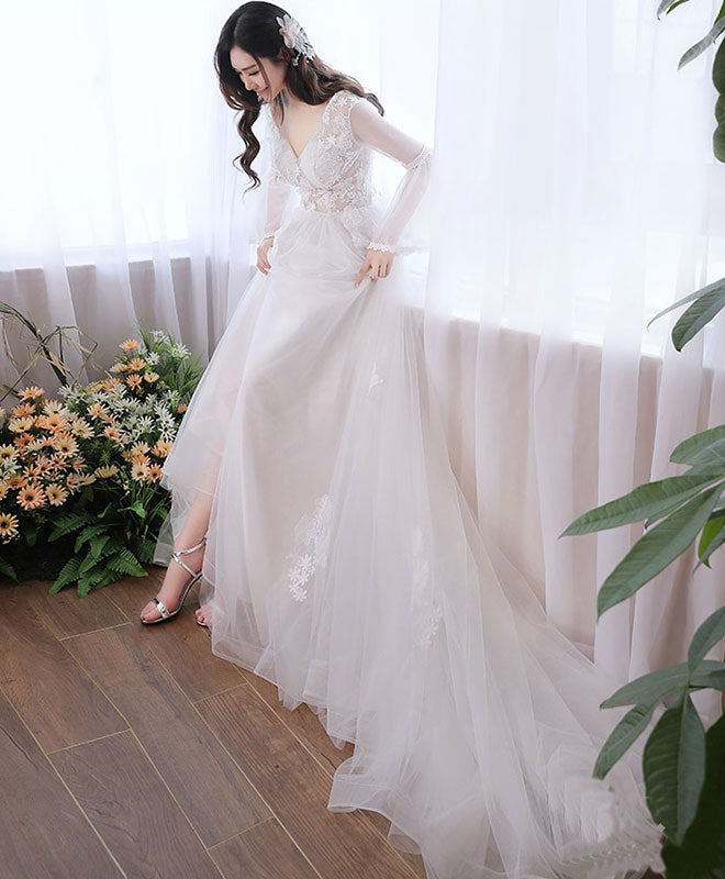 White V Neck Tulle Lace Long Prom Dress, White Evening Dress US 4 / White White V Neck Tulle Lace Long Prom Dress, White Evening Dress US 4 / White