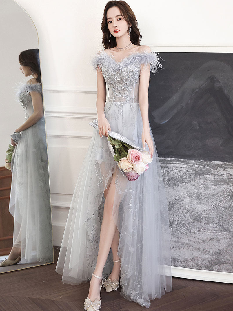 Gray Sweetheart Neck Tulle Long Prom Dress, Gray Evening Dress