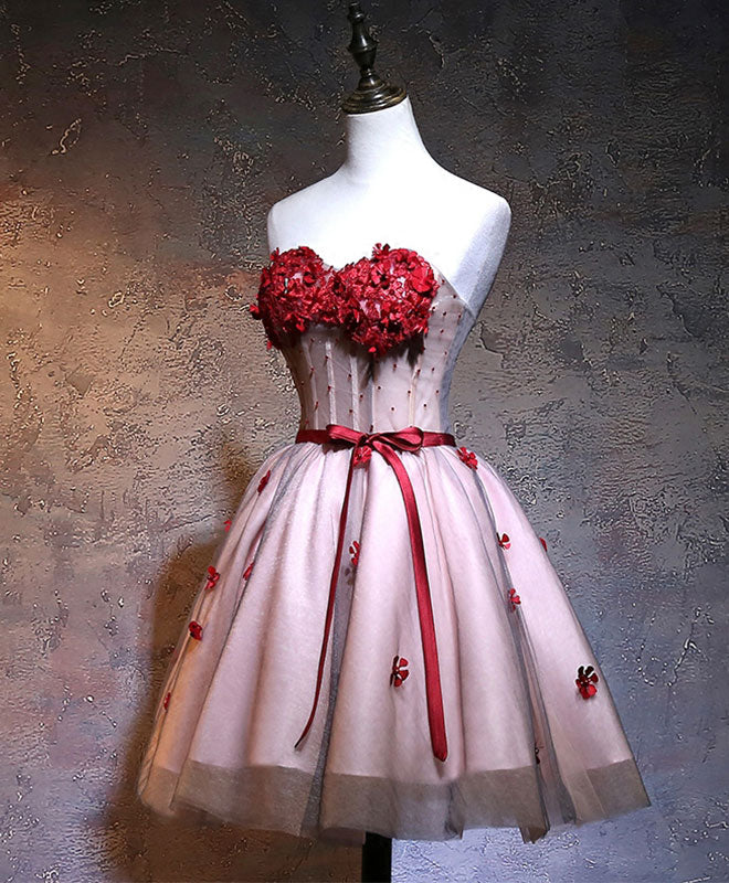 Burgundy Sweetheart Neck Lace Short Prom Dress, Burgundy Homecoming Dress