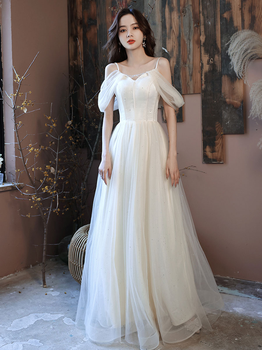 Simple White Off Shoulder Tulle Long Prom Dress, White Formal Dresses