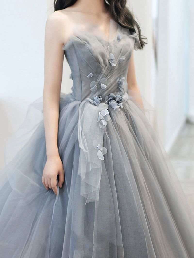 Gray Long Prom Dress, Gray Tulle Ball Gown Formal Dresses Custom Size / Custom Color