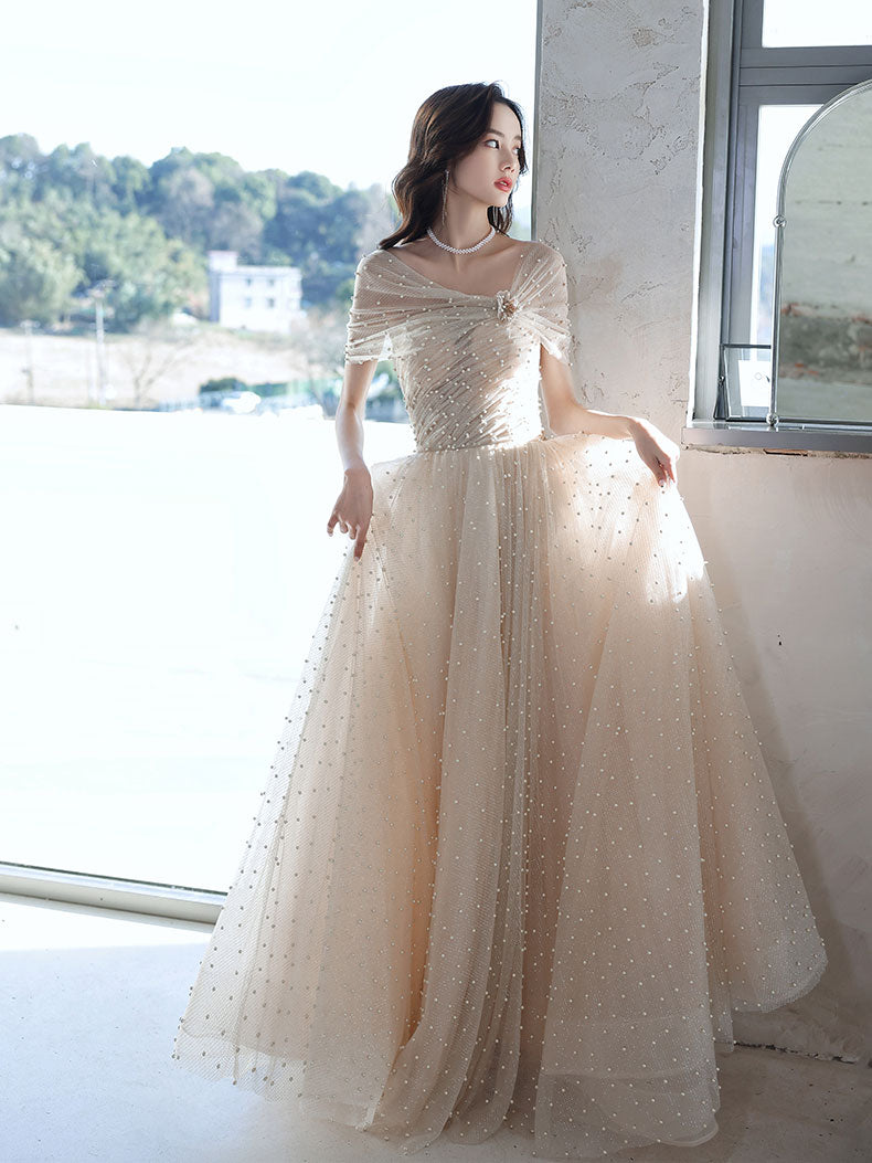 Champagne Tulle Beads Long Prom Dress Champagne Formal Dress
