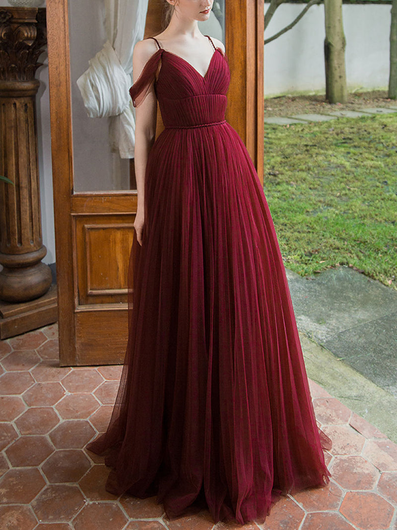 Simple Burgundy V Neck Tulle Long Prom Dress, Burgundy Bridesmaid Dres –  shopluu