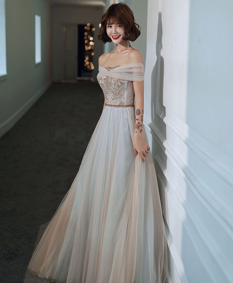 Gray Tulle Lace Long Prom Dress Tulle Lace Formal Dress