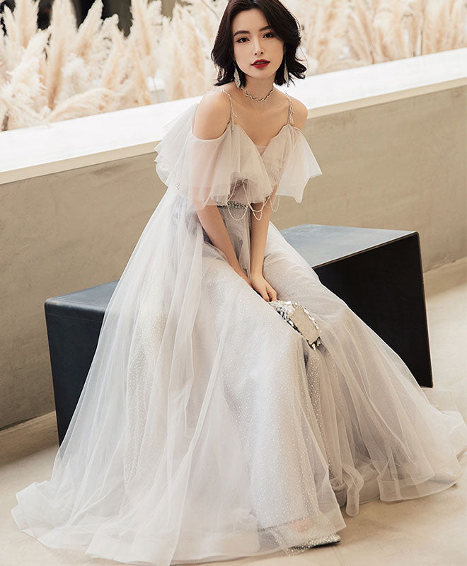 Elegant Off Shoulder Tulle Long Prom Dress, Tulle Evening Dress US 2 / Gray Elegant Off Shoulder Tulle Long Prom Dress, Tulle Evening Dress US 2 / Gray