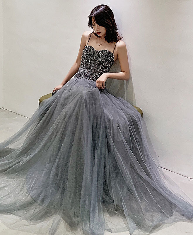 Gray Tulle Sequin Long Prom Dress Gray Tulle Formal Dress – shopluu