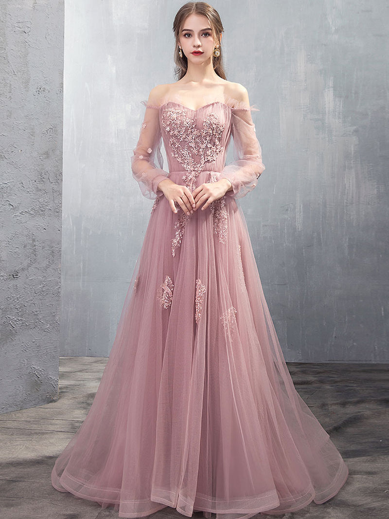 Pink A-line Tulle Lace Long Prom Dress Pink Lace Evening Dress