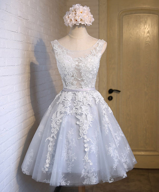 Gray Tulle Lace Applique Short Prom Dress, Gray Homecoming Dresses shopluu Gray Tulle Lace Applique Short Prom Dress, Gray Homecoming Dresses shopluu