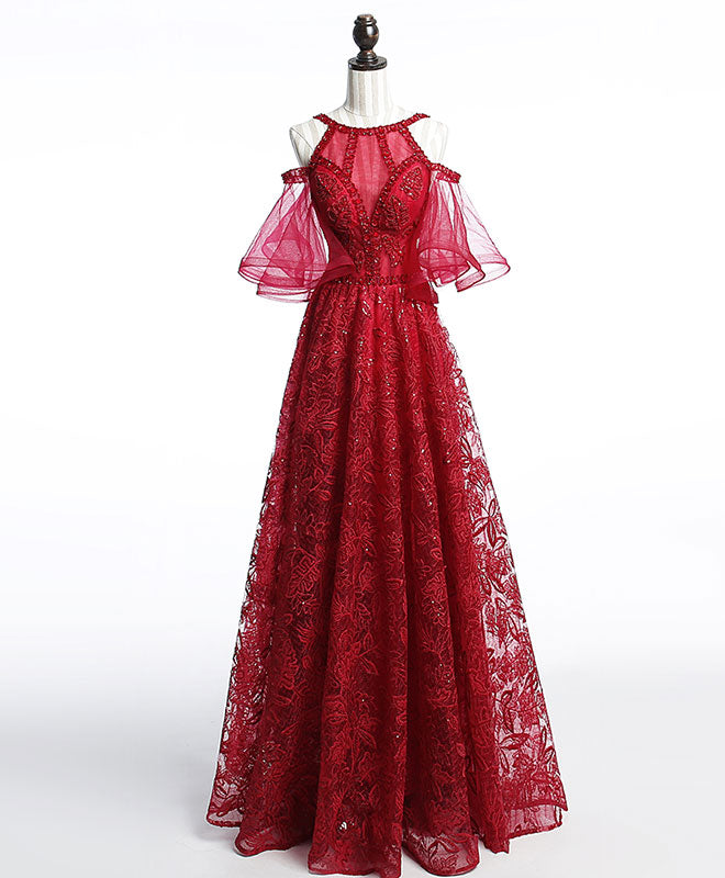 A-Line Off Shoulder Tulle Lace Burgundy Long Prom Dress, Evening Dress