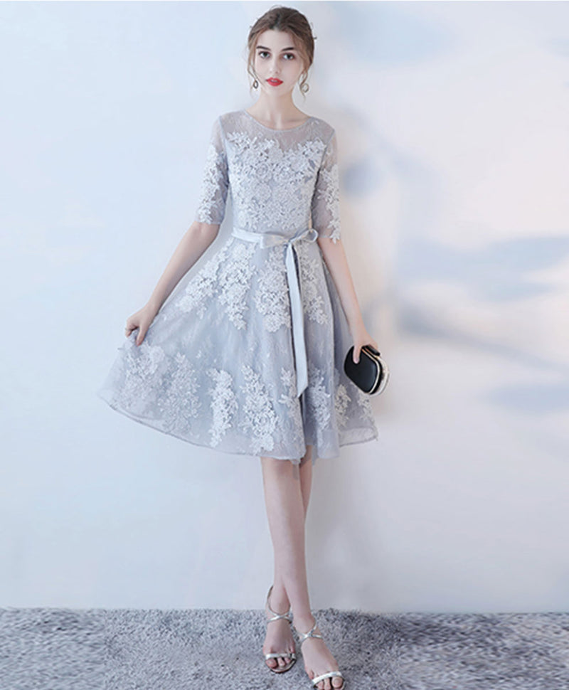 Satin Grey Party Dresses Grey Simple Knee Length Satin Short Sleeves Party Dress, Wedding Party Satin Grey Party Dresses Grey Simple Knee Length Satin Short Sleeves Party Dress, Wedding Party