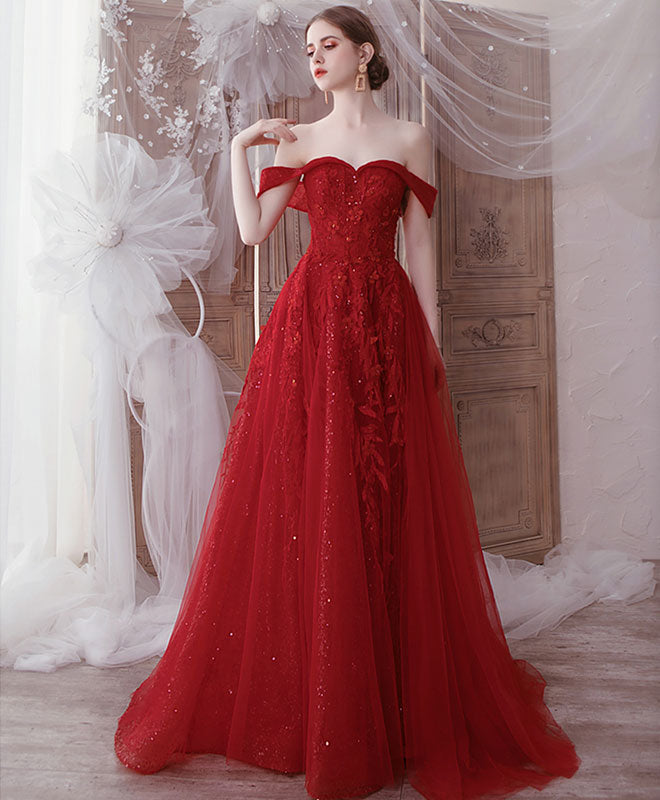 Burgundy Tulle Lace Off Shoulder Tulle Long Prom Dress Evening Dress