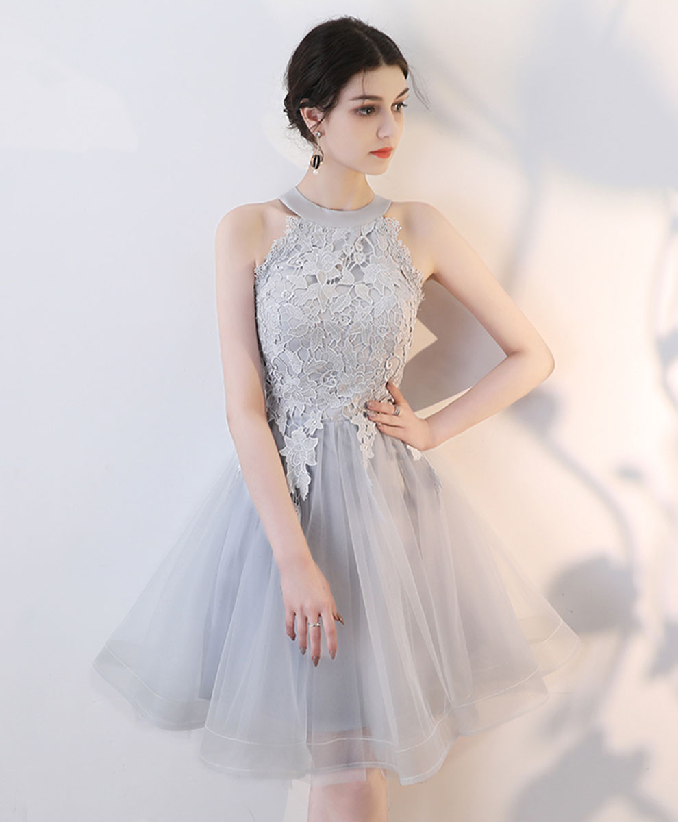Gray Lace Tulle Short Prom Dress Gray Tulle Lace Homecoming Dress