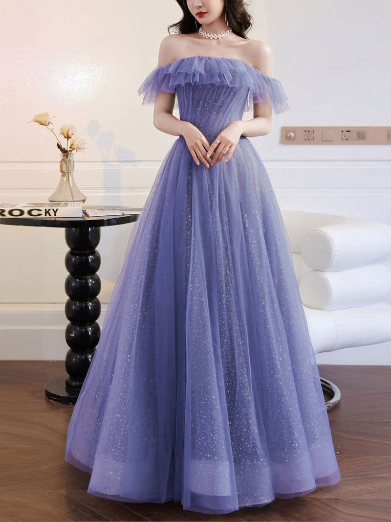 Purple A line Tulle Long Prom Dresses, Off Shoulder Formal Gown