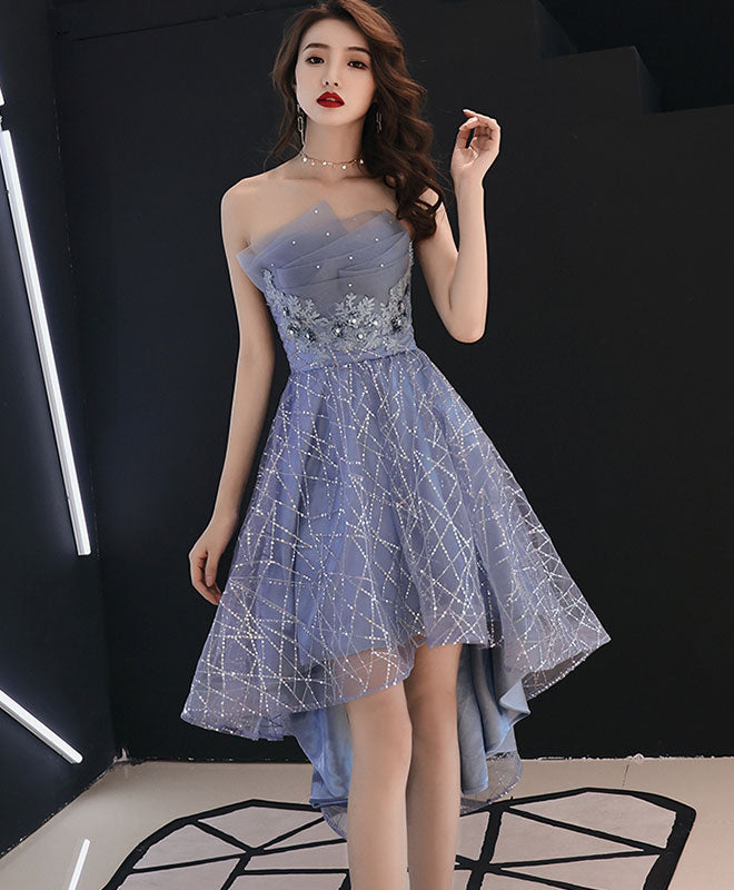 Blue Tulle Lace Short Prom Dress, Blue Evening Dress