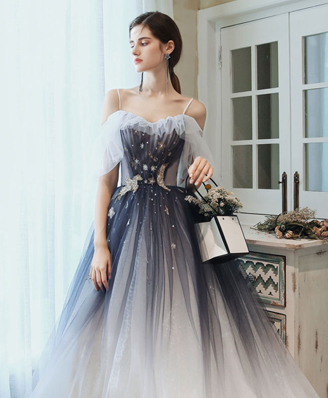 A-Line Sweetheart Tulle Blue Long Prom Dress Blue Tulle Evening Dress