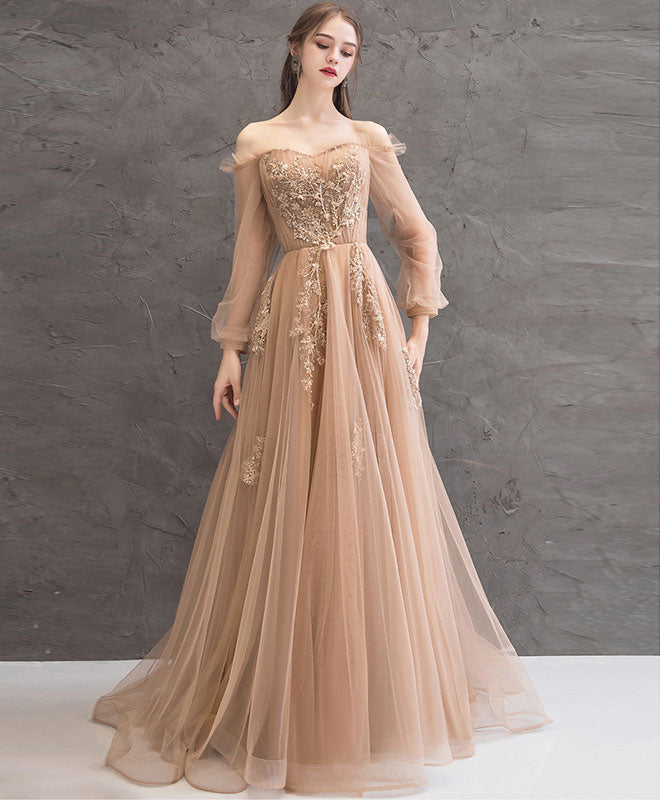Champagne Tulle Lace Long Prom Dress Champagne Tulle Evening Dress