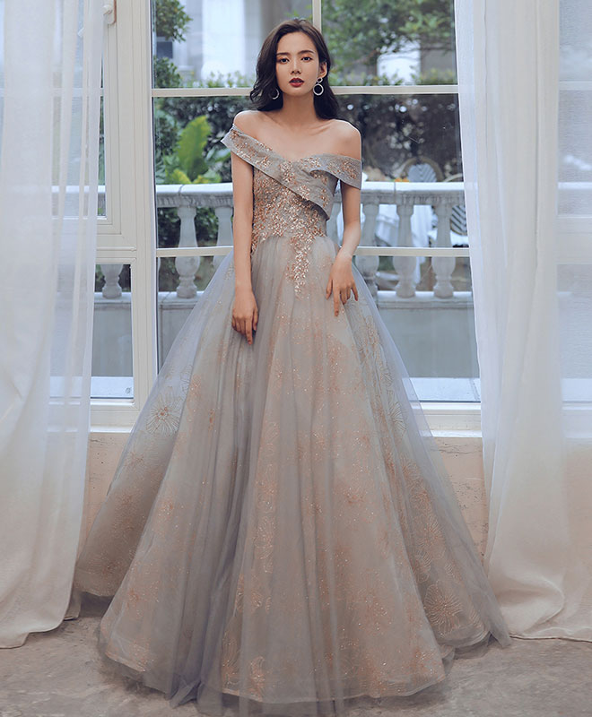 A-Line Sweetheart Off Shoulder Lace Long Prom Dress Tulle Evening Dress