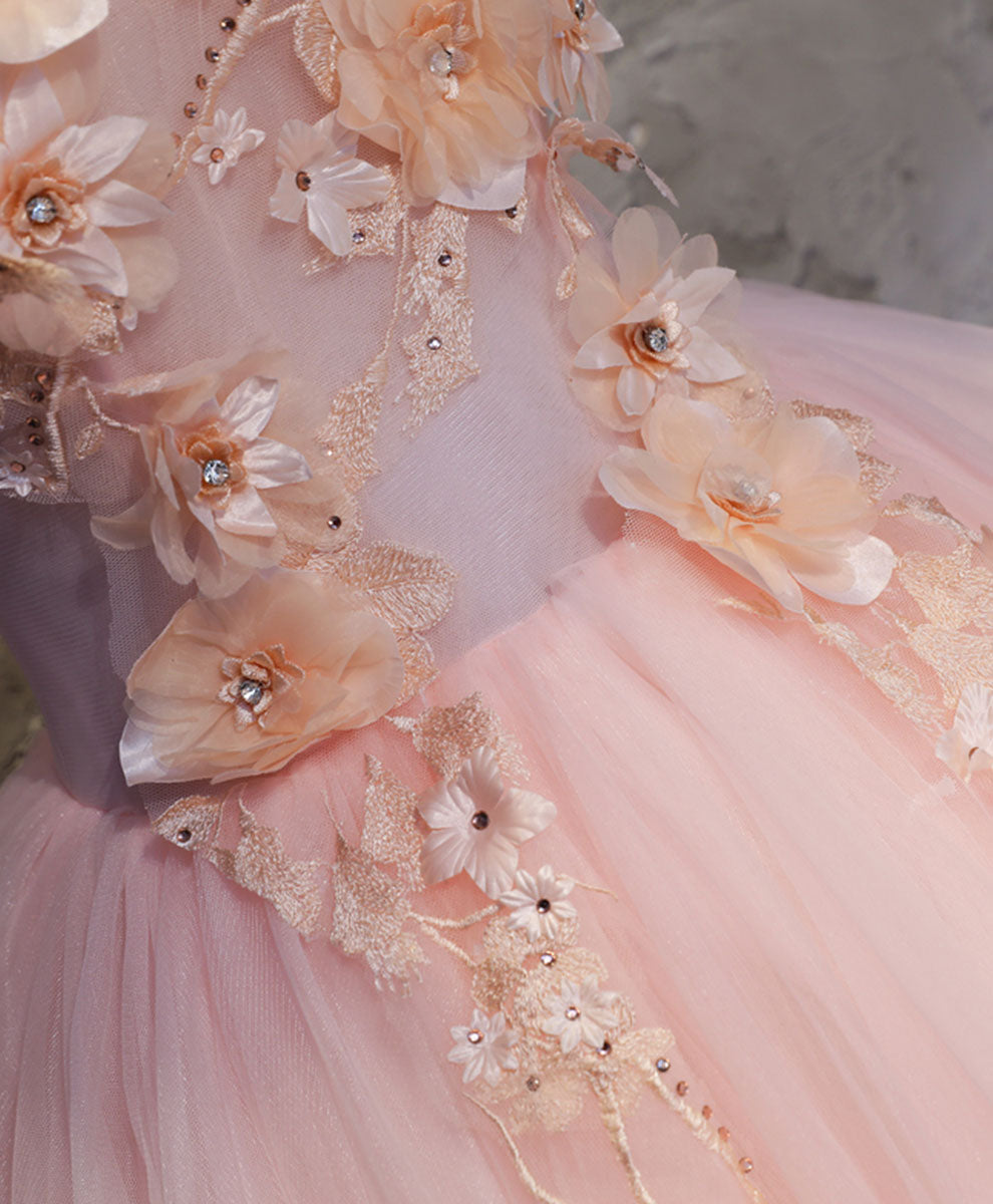 Pink Round Neck Tulle Lace Long Prom Dress Lace Formal Dress