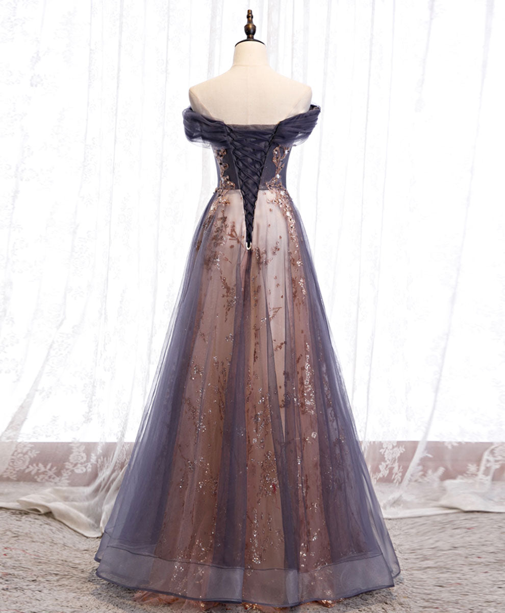 A-Line Tulle Off Shoulder Lace Long Prom Dress Lace Formal Dress