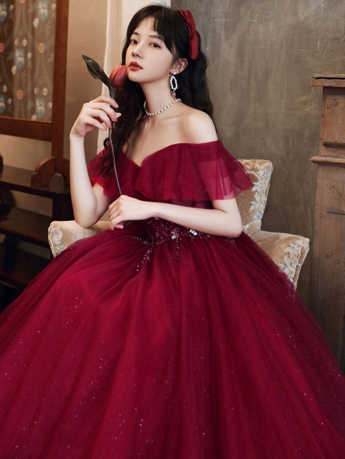 Burgundy Off Shoulder Tulle Sequin Long Prom Dress Burgundy Evening Dress