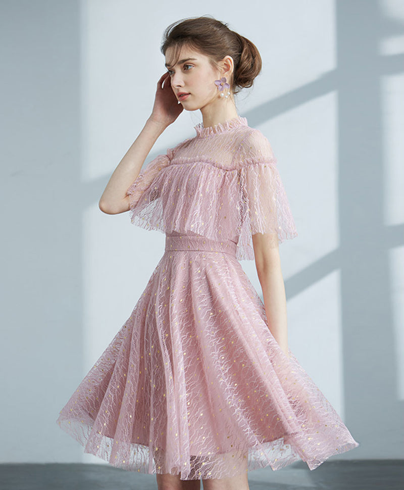 short pink puff sleeve tulle dress Pink Tulle Short Prom Dress, A-Line Party Dress US 12 / Pink