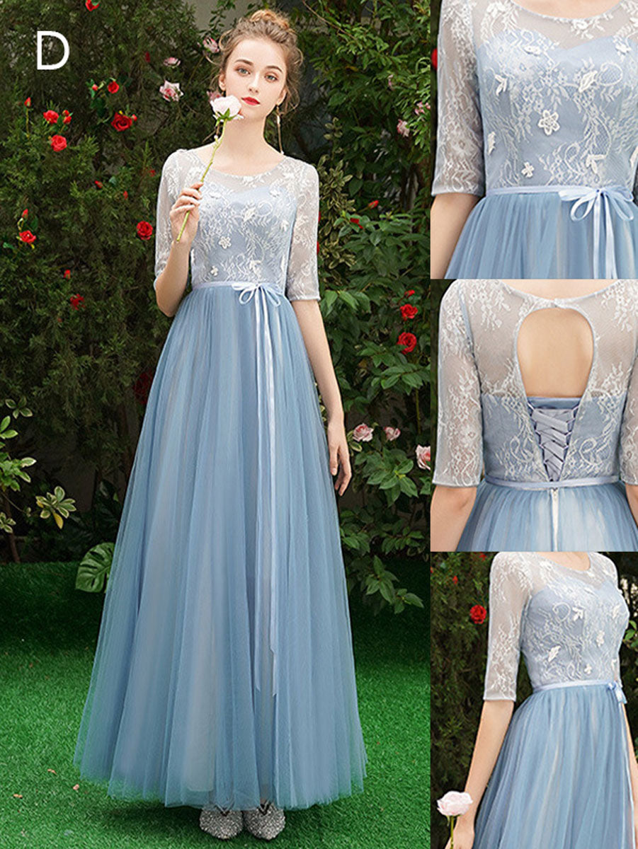 Simple A line Lace Blue Long Prom Dresses, Blue Lace Bridesmaid Dresses