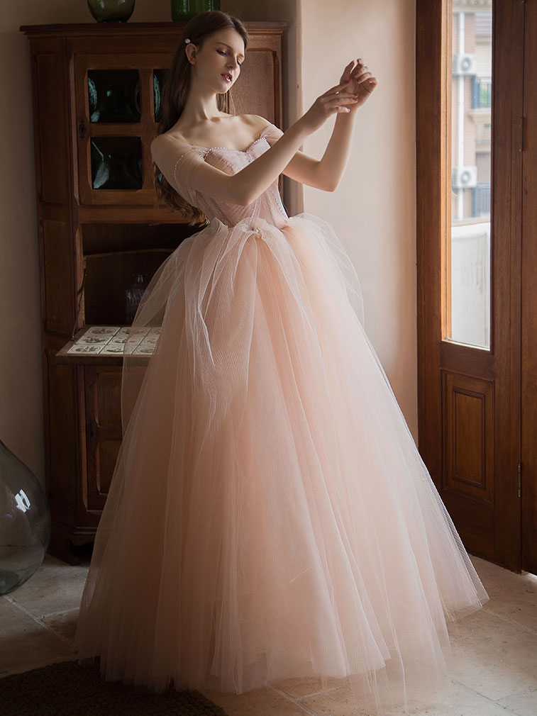 shopluu Pink Tulle Off Shoulder Lace Long Prom Dress, Pink Tulle Evening Dress US 6 / Pink