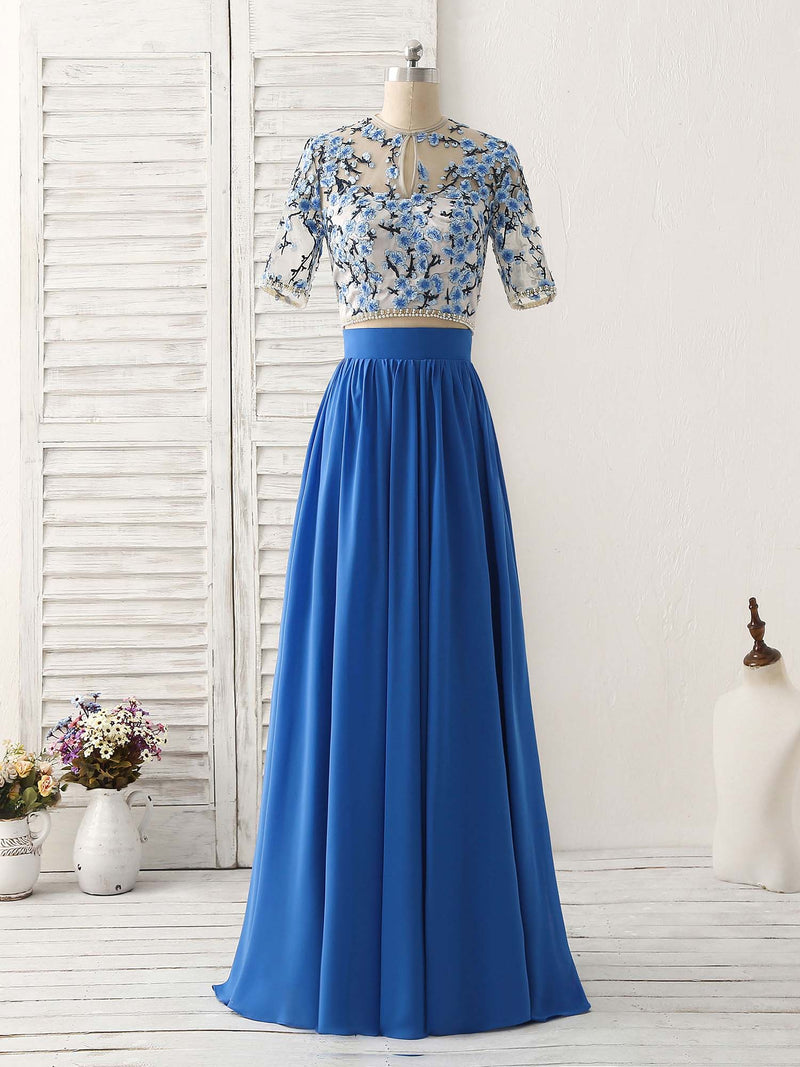 A-Line Blue Two Pieces Long Prom Dress Applique Formal Dress A-Line Blue Two Pieces Long Prom Dress Applique Formal Dress