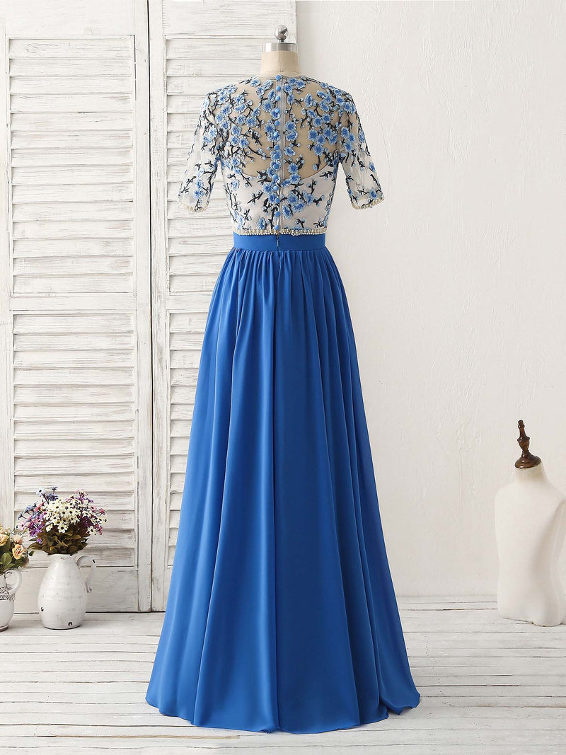 A-Line Blue Two Pieces Long Prom Dress Applique Formal Dress shopluu A-Line Blue Two Pieces Long Prom Dress Applique Formal Dress shopluu