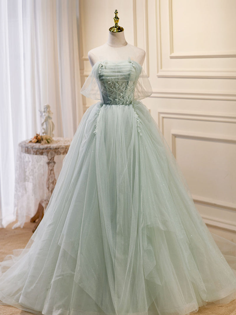 A-Line Off Shoulder Tulle Green Long Prom Dresses, Green Formal Dress shopluu A-Line Off Shoulder Tulle Green Long Prom Dresses, Green Formal Dress shopluu