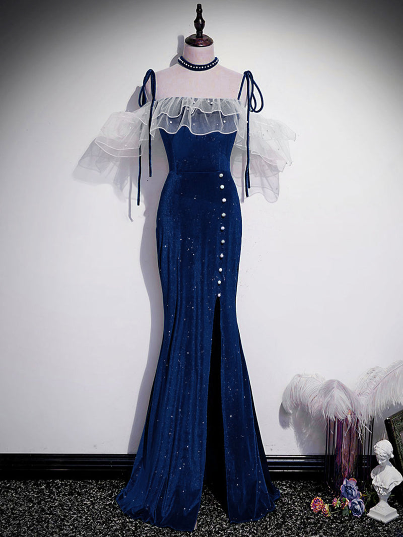 Dark Blue Mermaid Velvet Long Prom Dresses, Blue Formal Evening Dress Dark Blue Mermaid Velvet Long Prom Dresses, Blue Formal Evening Dress