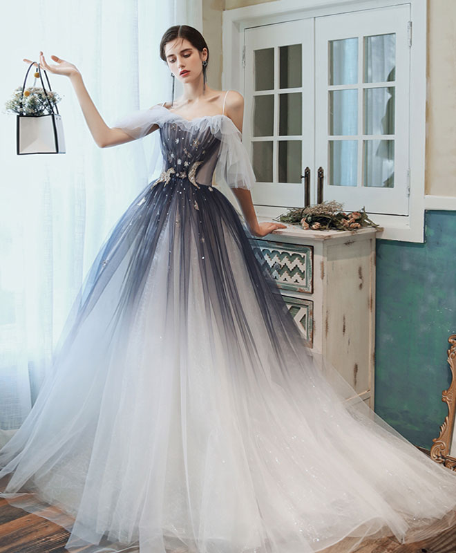 A-Line Sweetheart Tulle Blue Long Prom Dress Blue Tulle Evening Dress