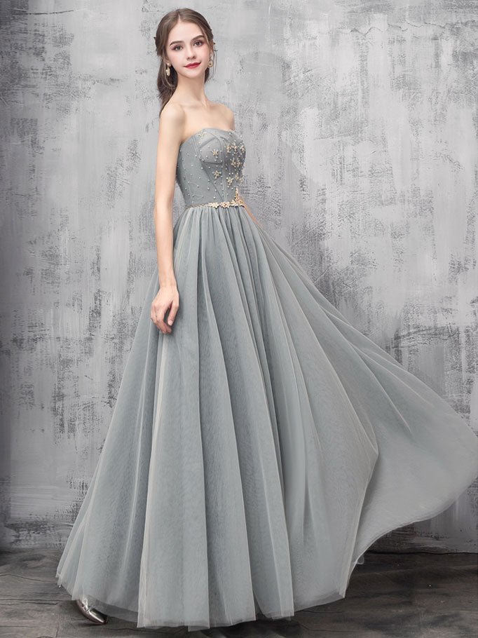 Gray A-line Tulle Long Prom Dress Gray A-line Formal Evening Dress