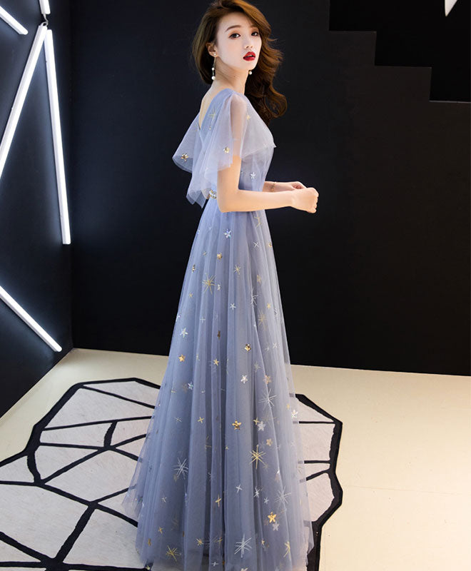 Blue Aline Tulle Long Prom Dress, Blue Tulle Bridesmaid Dress