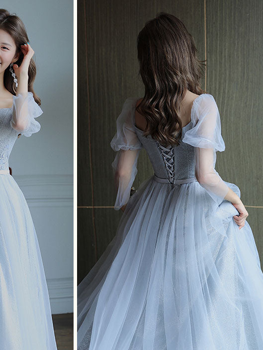 Simple Light Blue Tulle Lace Long Prom Dress, Lace Long Bridesmaid Dress