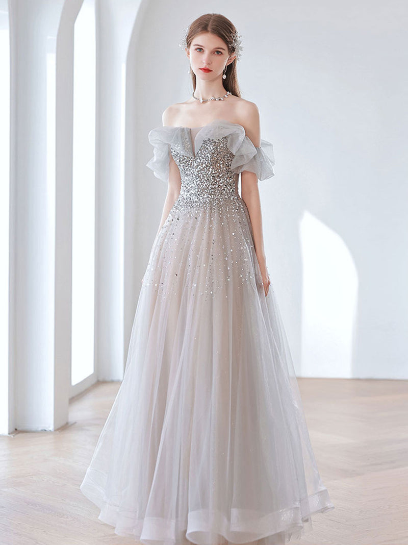 Grey Tulle Sequins Long A-Line Prom Dresses, Off the Shoulder Evening Dresses US 16 / Custom Color Grey Tulle Sequins Long A-Line Prom Dresses, Off the Shoulder Evening Dresses US 16 / Custom Color