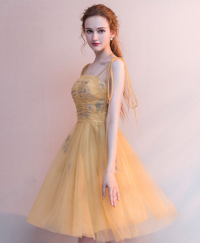 Yellow V Neck Tulle Lace Short Prom Dress Yellow Homecoming Dress