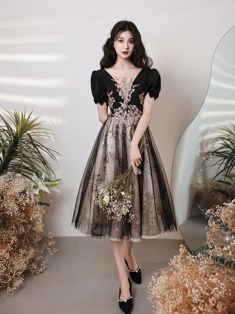 Black V Neck Tulle Lace Short Prom Dress, Black Lace Homecoming Dress Black V Neck Tulle Lace Short Prom Dress, Black Lace Homecoming Dress
