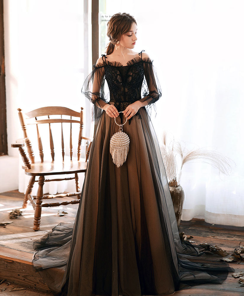 Black Tulle Lace Long Prom Dress Black Lace Evening Dress