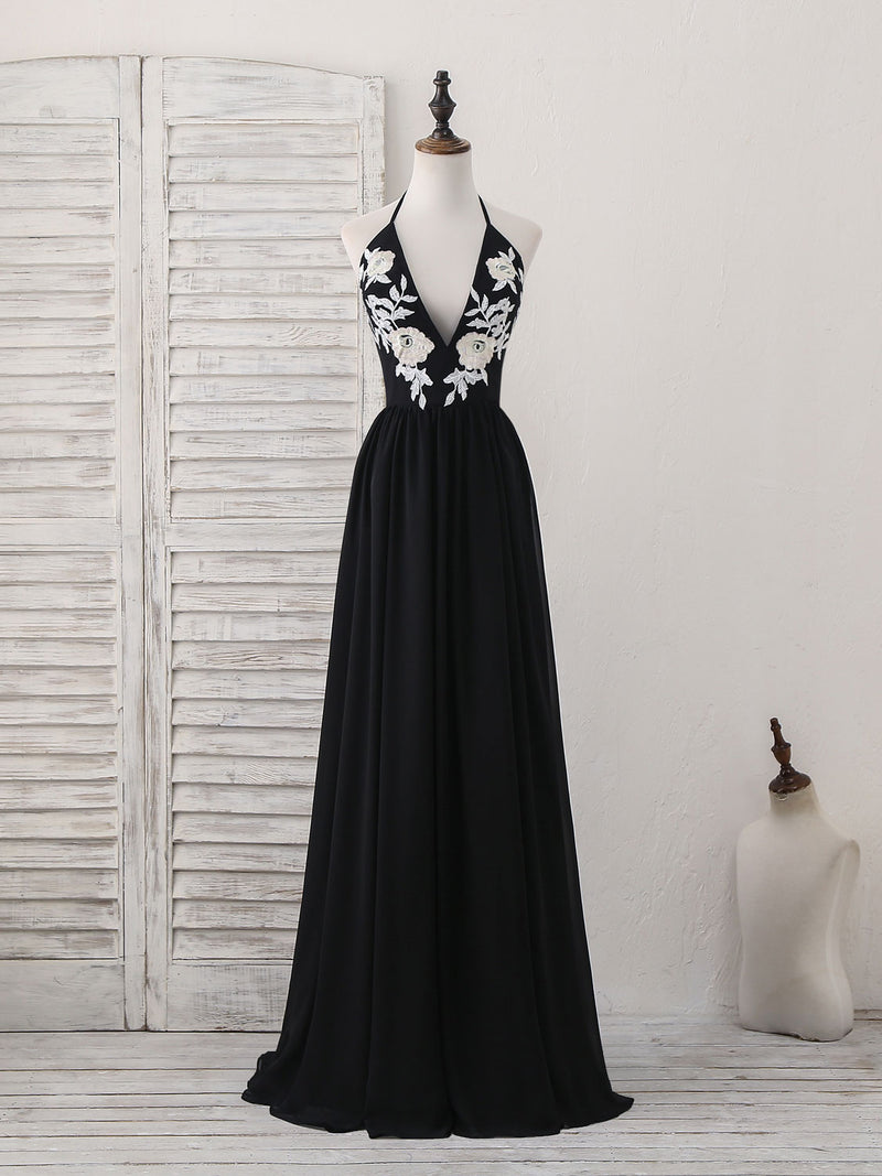Black V Neck Chiffon Lace Long Prom Dress Black Evening Dress shopluu Black V Neck Chiffon Lace Long Prom Dress Black Evening Dress shopluu